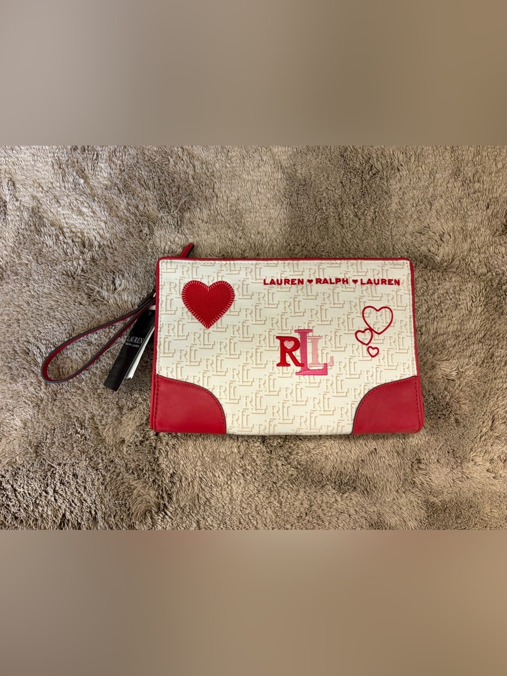 Lauren Ralph Lauren Cream & Red Wristlet Pouch with Heart Accents